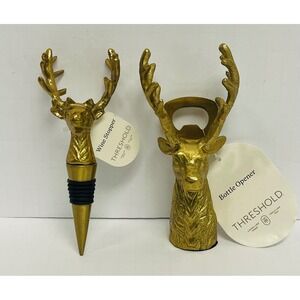Threshold Gold Deer Stag Wine Stopper and Bottle Opener Set New 2 Piece Holiday